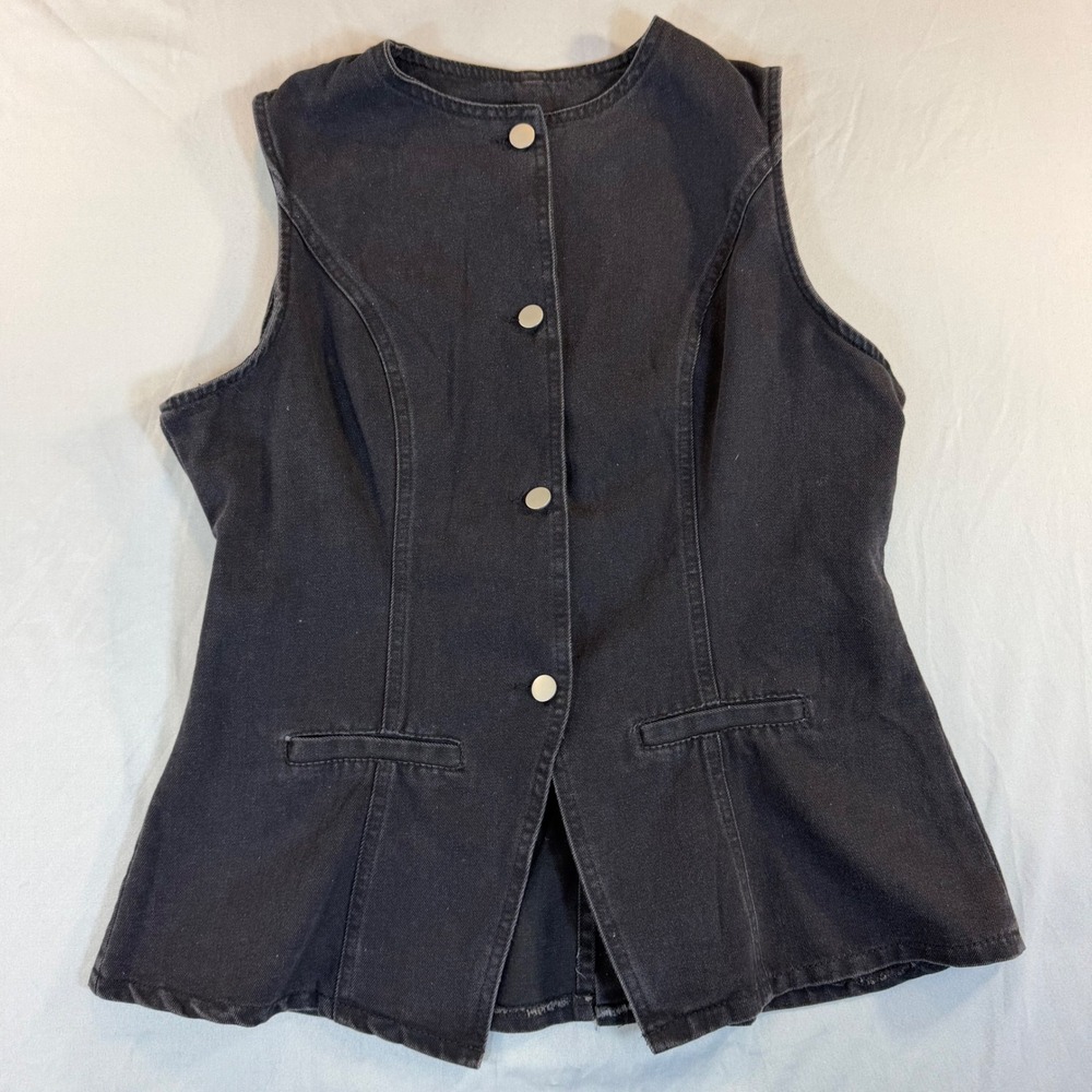 Vintage Black Denim Peplum Vest L 90s Grunge Western Goth Rocker Chic Biker Y2K